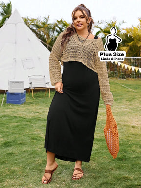 Conjunto Vestido Longo Com Blusa De Crochê Leve Plus Size Conjunto Vestido Longo Com Blusa De Crochê Leve Plus Size