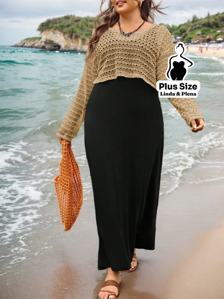 Conjunto Vestido Longo Com Blusa De Crochê Leve Plus Size G Conjunto Vestido Longo Com Blusa De Crochê Leve Plus Size