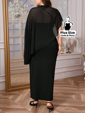 Conjunto Vestido Longo Com Capa Assimétrica Plus Size Conjunto Vestido Longo Com Capa Assimétrica Plus Size