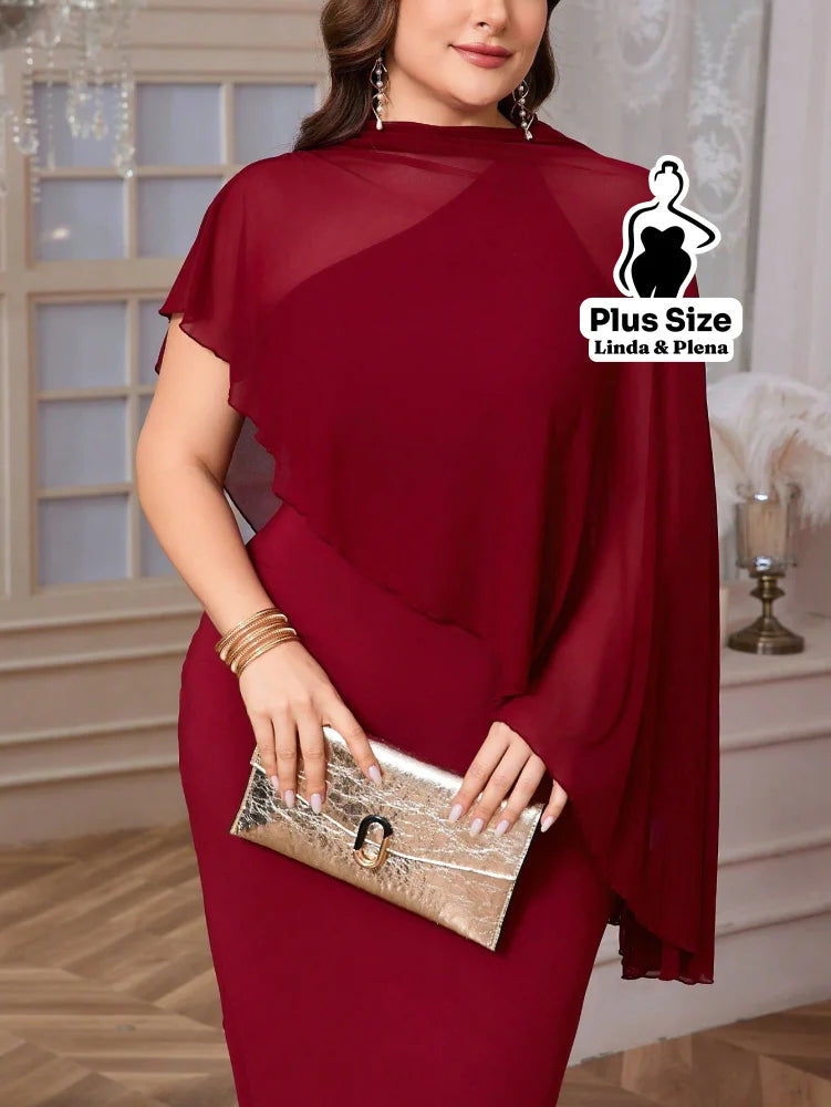 Conjunto Vestido Longo Com Capa Assimétrica Plus Size Vinho / G Conjunto Vestido Longo Com Capa Assimétrica Plus Size
