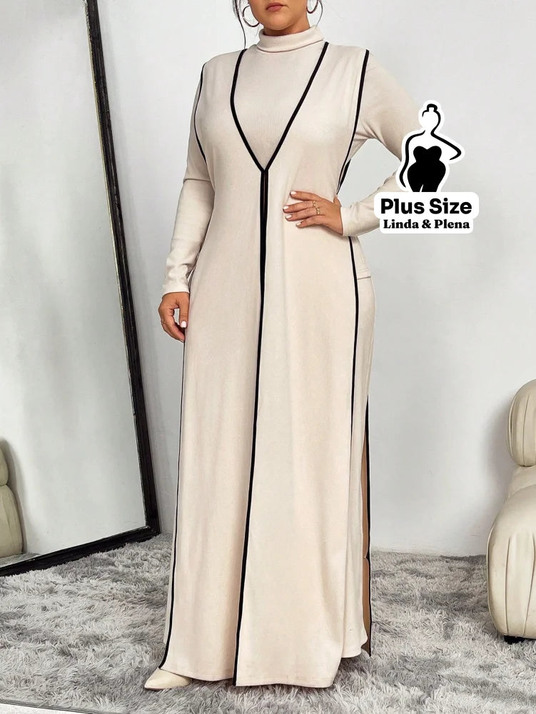 Conjunto Vestido Longo Com Detalhes Contrastantes Plus Size Conjunto Vestido Longo Com Detalhes Contrastantes Plus Size