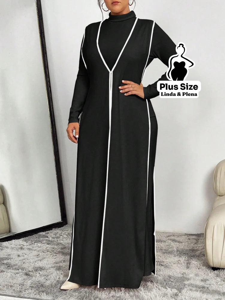 Conjunto Vestido Longo Com Detalhes Contrastantes Plus Size Conjunto Vestido Longo Com Detalhes Contrastantes Plus Size