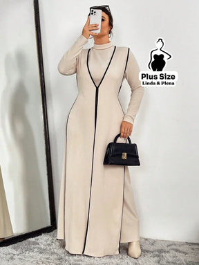 Conjunto Vestido Longo Com Detalhes Contrastantes Plus Size Damasco / G Conjunto Vestido Longo Com Detalhes
