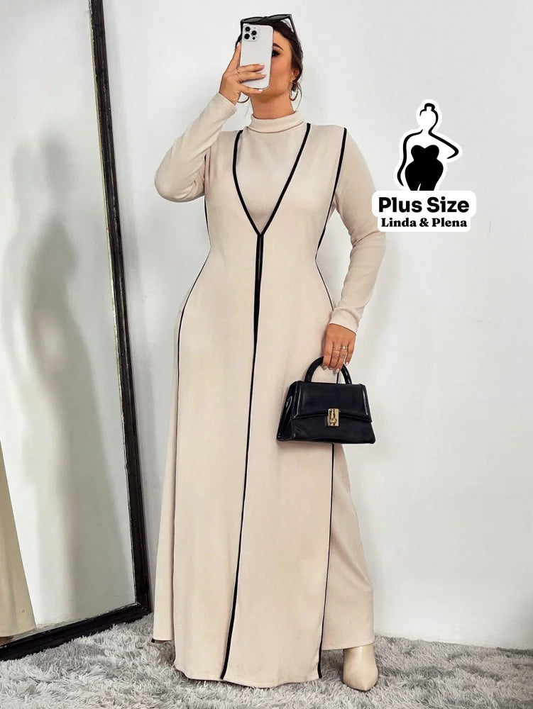 Conjunto Vestido Longo Com Detalhes Contrastantes Plus Size Damasco / G Conjunto Vestido Longo Com Detalhes