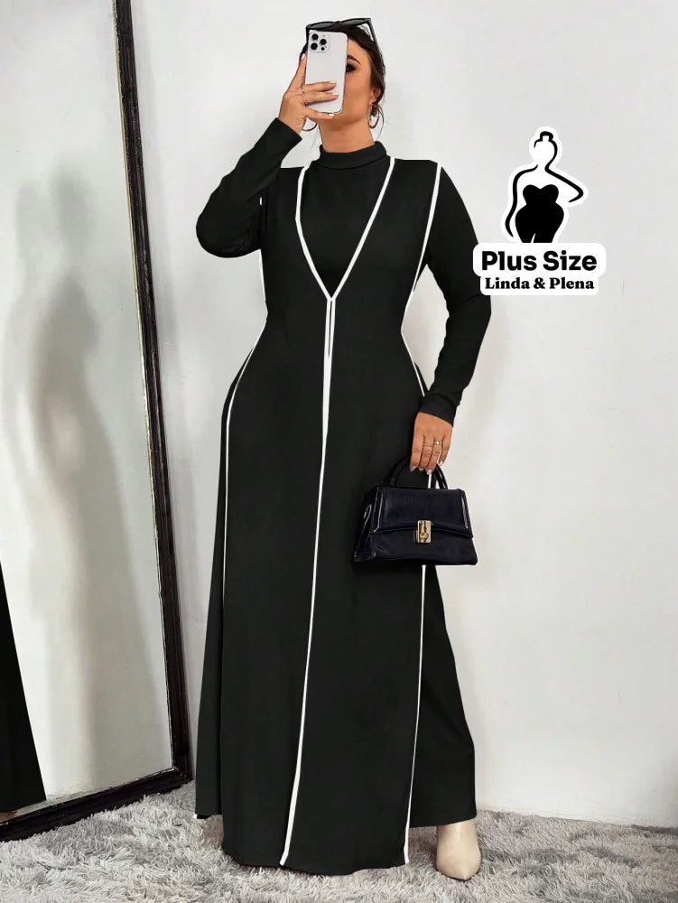 Conjunto Vestido Longo Com Detalhes Contrastantes Plus Size Preto / G Conjunto Vestido Longo Com Detalhes Contrastantes