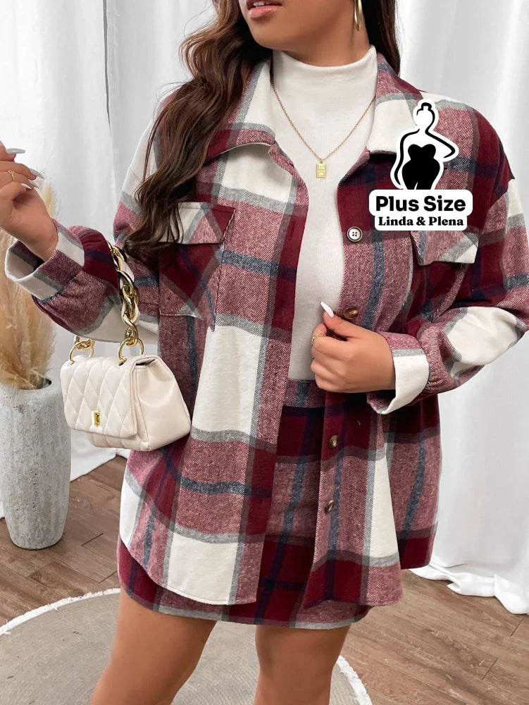 Conjunto Xadrez Com Camisa Longa E Saia Justa Plus Size Bordô / G Conjunto Xadrez Com Camisa Longa E Saia Justa Plus